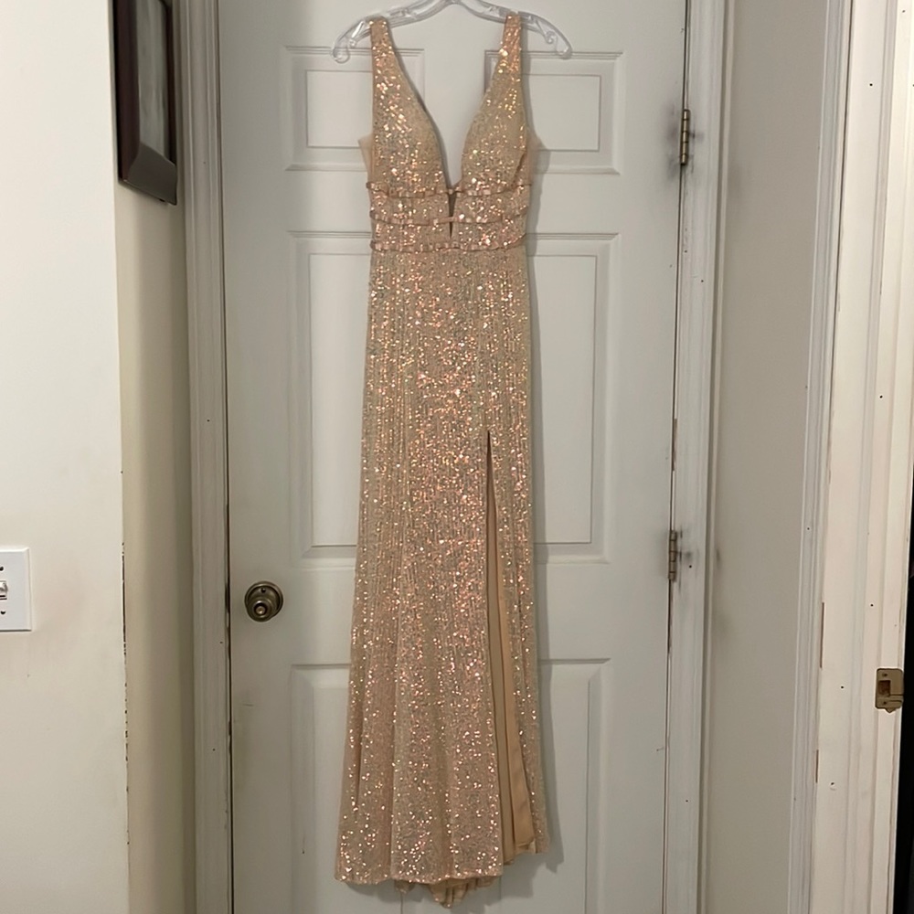 Sherri Hill Champagne Sequin Plunge V-Neck Gown with Front Slit